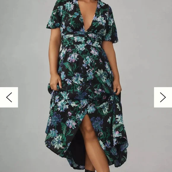 Anthropologie THE KATERINA BUTTON-FRONT DRESS - Black, Green, and Purple Floral - Picture 5 of 8